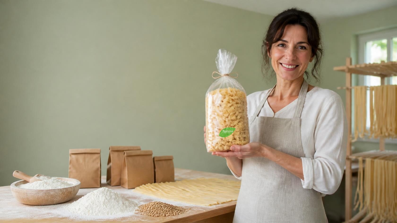 Una produttrice di pasta artigianale nel suo laboratorio mostra con orgoglio un sacchetto di pasta